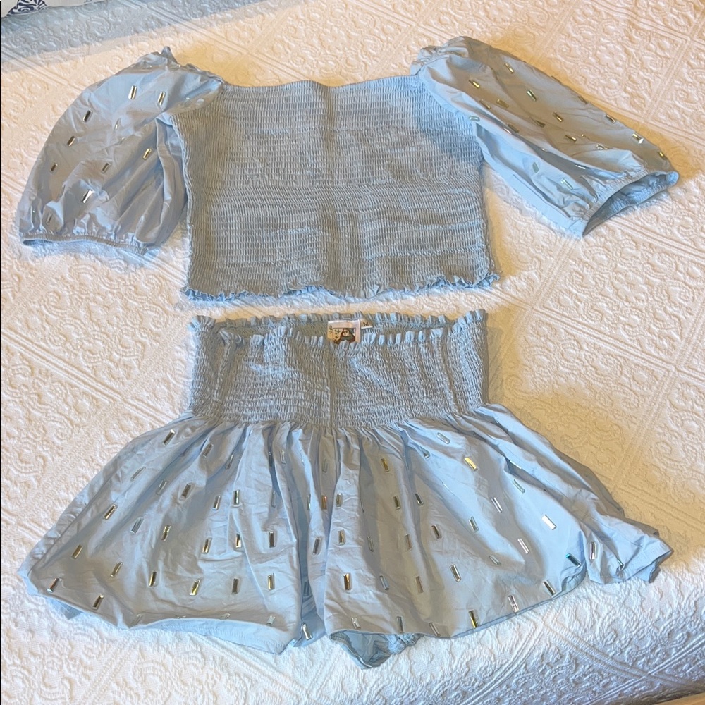 QUEEN OF SPARKLES Light Blue High Waist Shorts Set